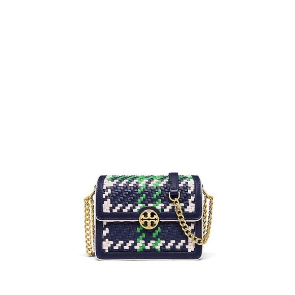 NWT Tory Burch Duet Chain Woven Convertible Navy Green mini Shoulder Bag - Picture 2 of 11